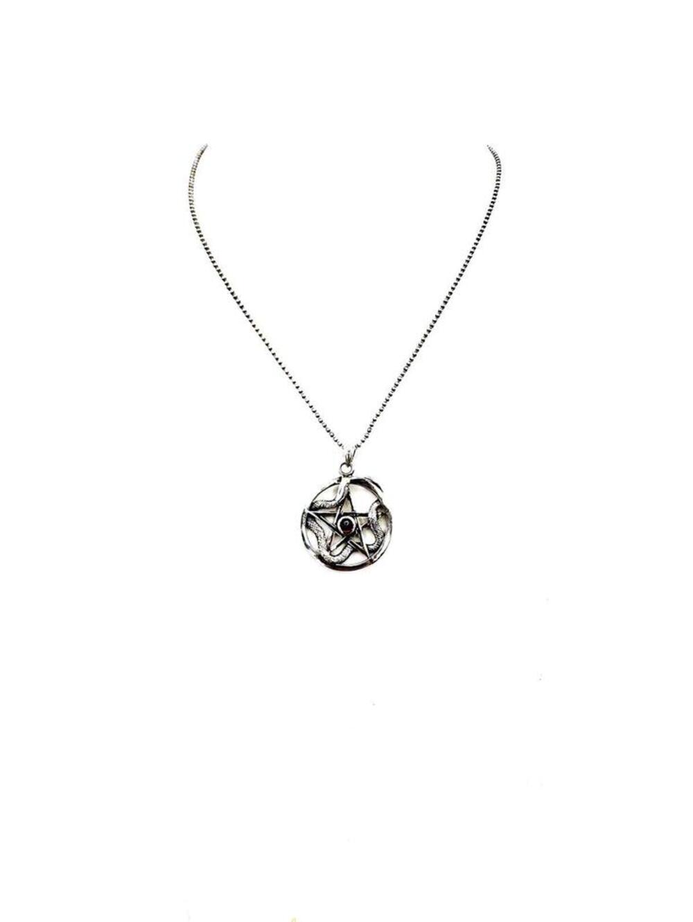 PSCI-BM sterling silver pentacle with garnet cabochon center pendant bead chain
